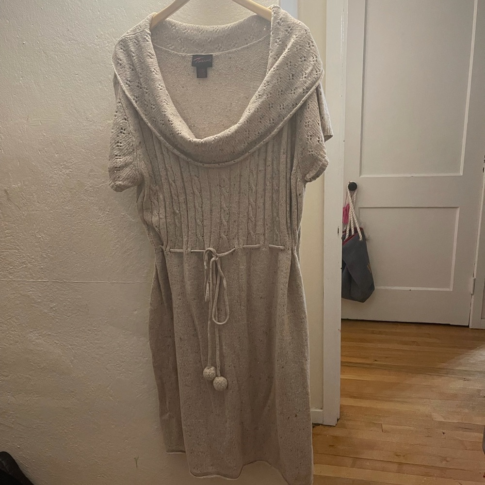 Cowl neck tan sweater dress